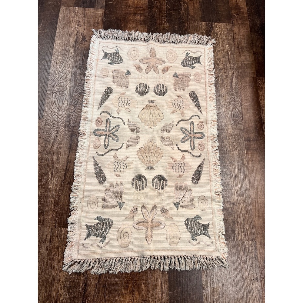 VTG Coastal Nautical Woven Cotton Fringe Rug Seashell Starfish Beach Decor 26x48